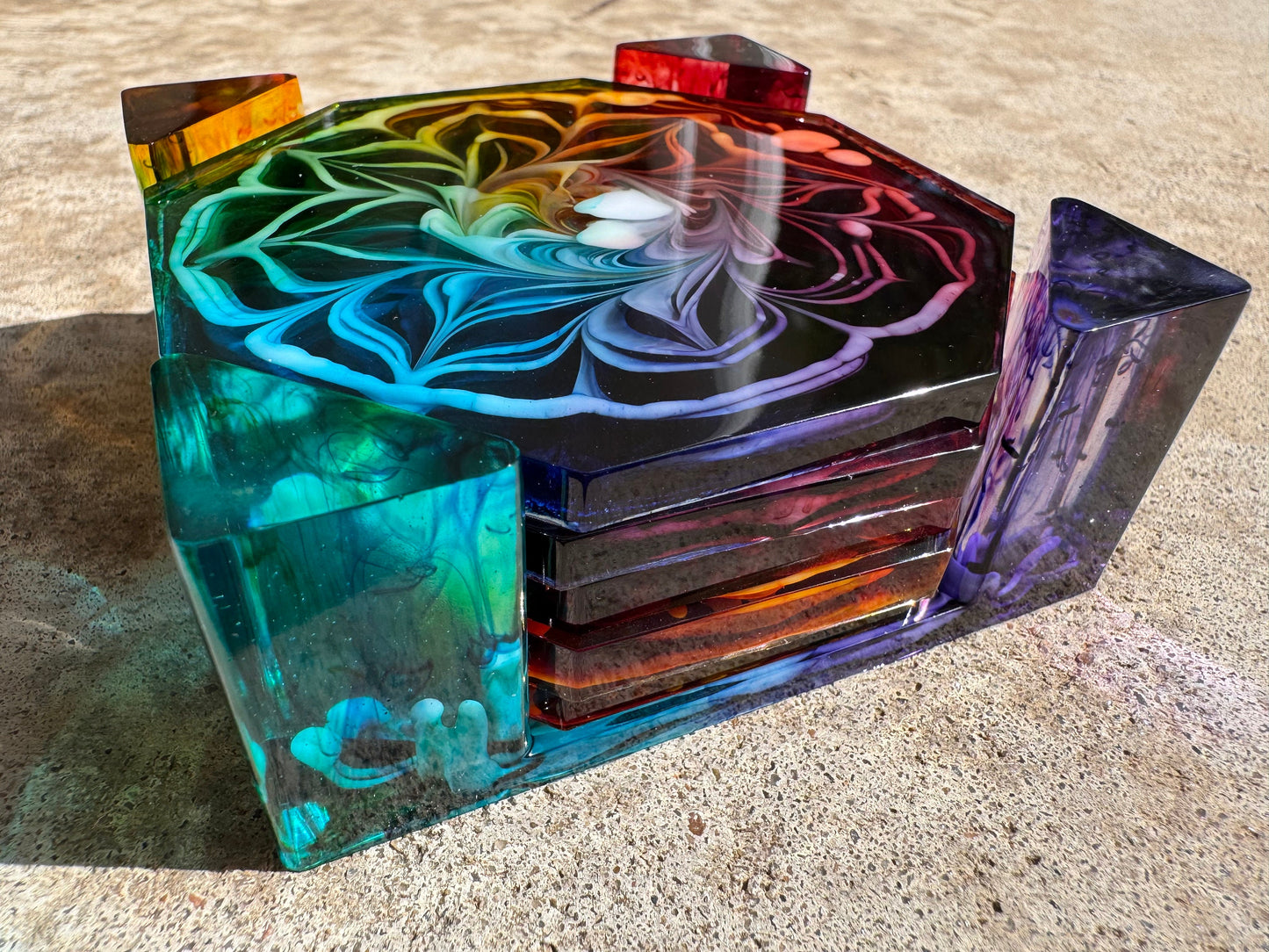 Hexagonal Rainbow Pride Blooming Flower Petri Drink Coasters Set with Base Handmade Epoxy Resin