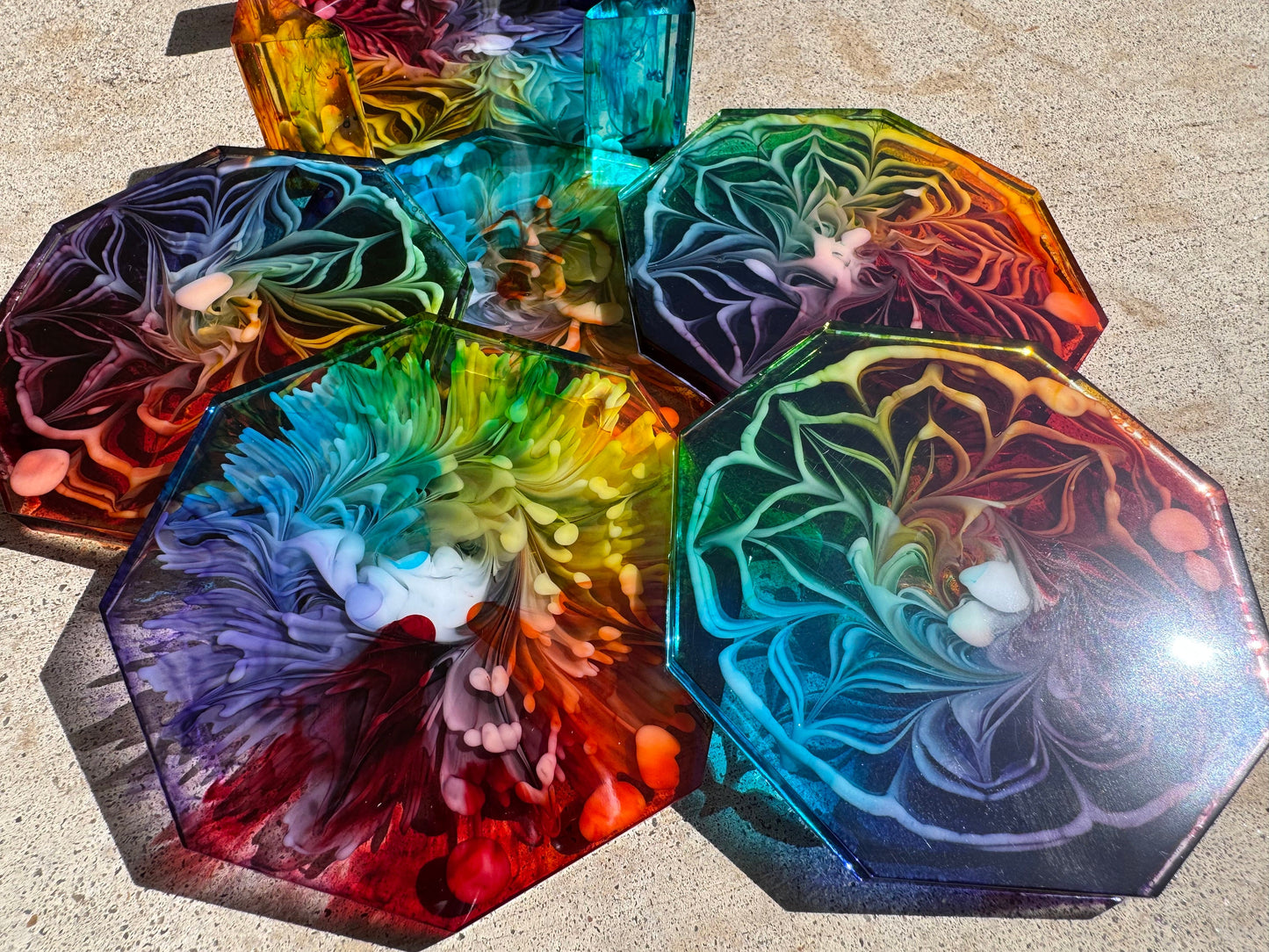 Hexagonal Rainbow Pride Blooming Flower Petri Drink Coasters Set with Base Handmade Epoxy Resin