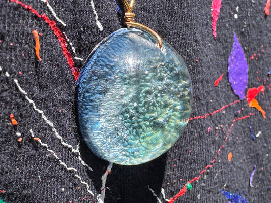 Aquamarine Petri Cat Eye Resin Clear Half Sphere Pendant with Long Gold Chain