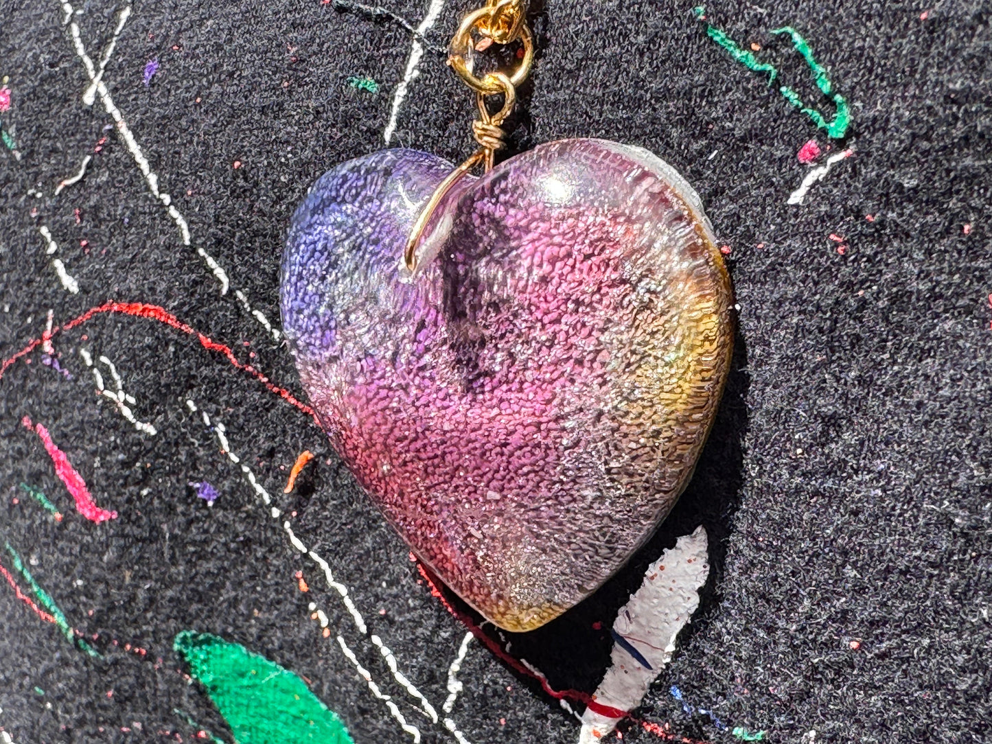 Purple Pink and Yellow Petri Style in Clear Heart Epoxy Resin Long Gold Chain Pendant