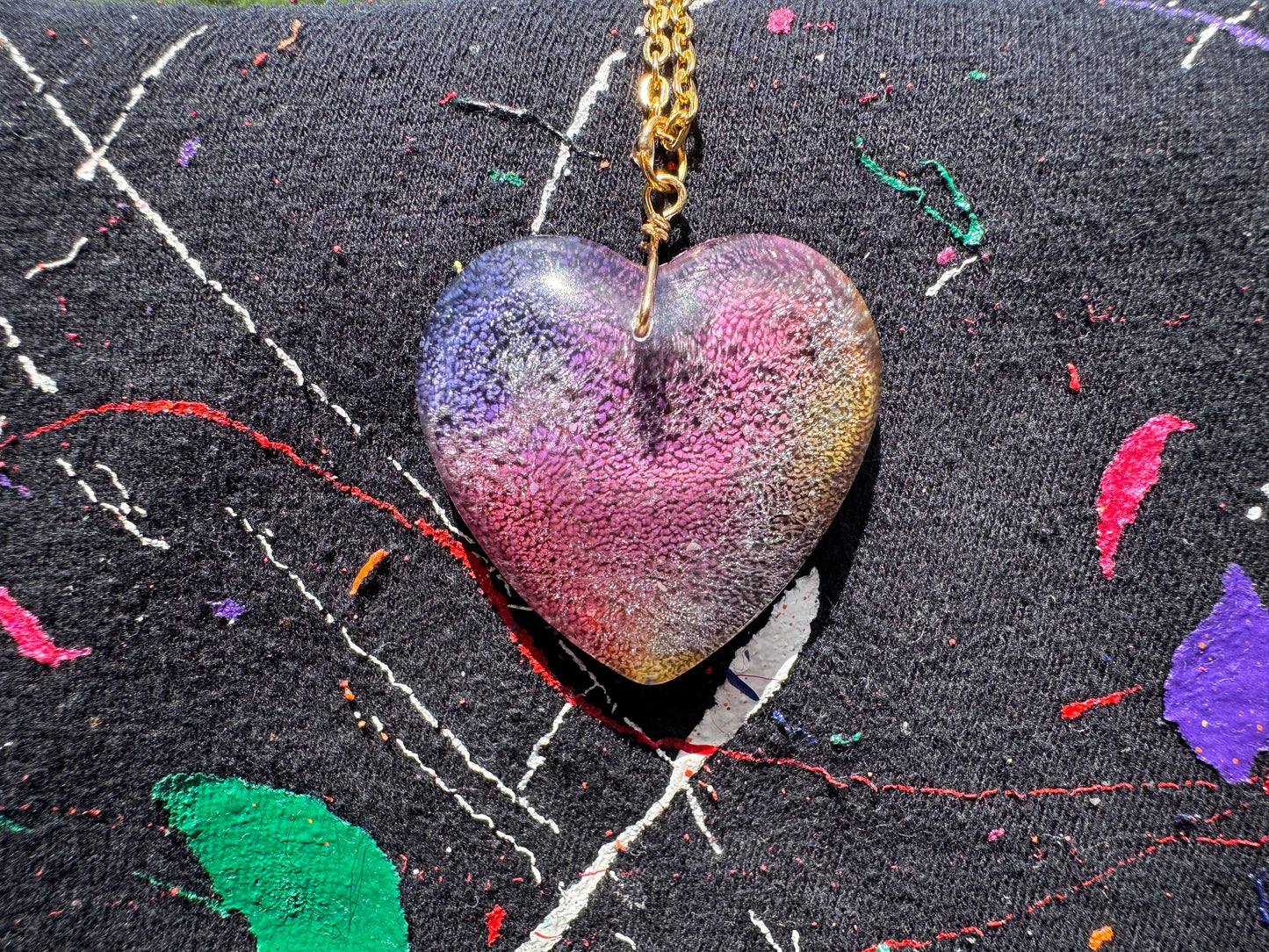 Purple Pink and Yellow Petri Style in Clear Heart Epoxy Resin Long Gold Chain Pendant