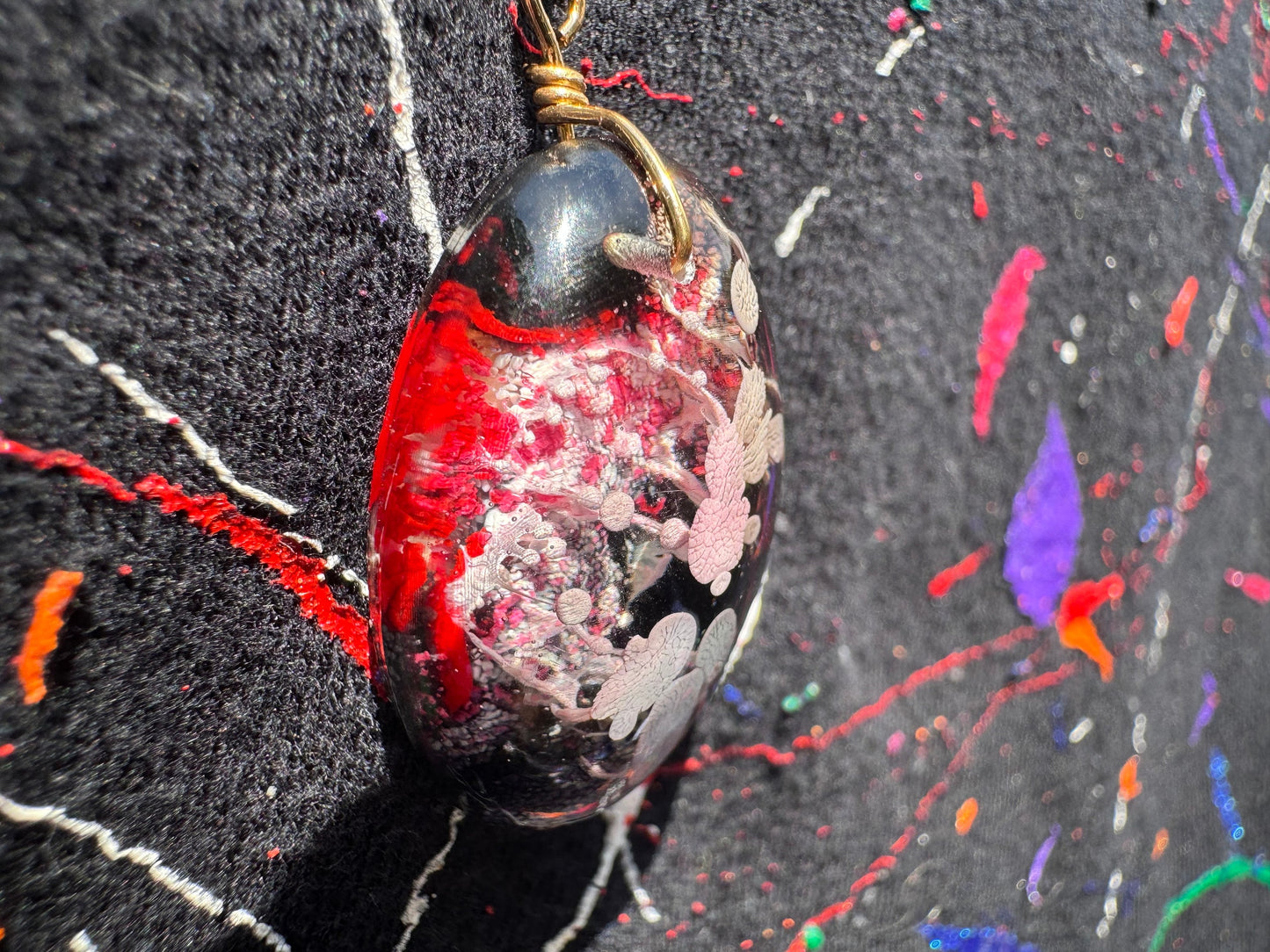 Red White and Black Petri Style Clear Half Oval Epoxy Resin Long Gold Chain Pendant