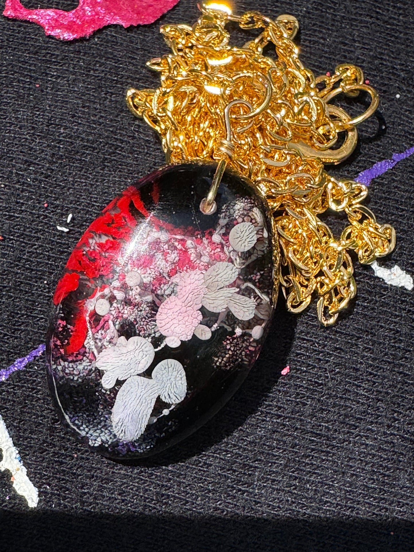 Red White and Black Petri Style Clear Half Oval Epoxy Resin Long Gold Chain Pendant