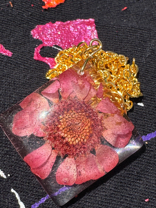 Square Red-Violet Dried Flower in Clear Pendant with Long Gold Chain