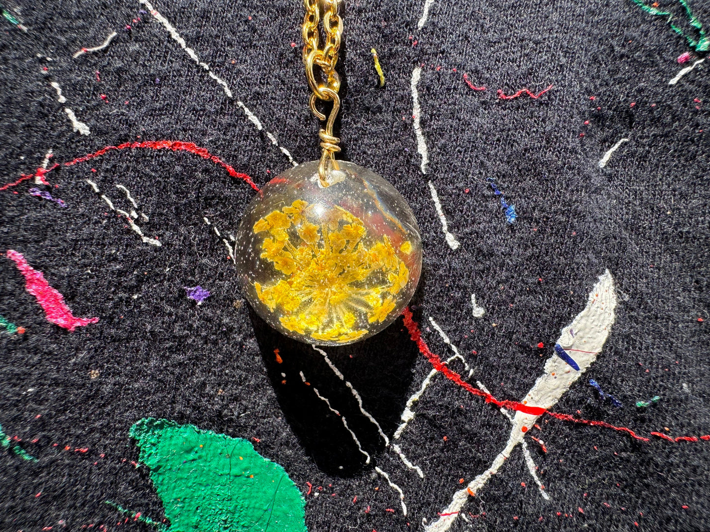 Dried Yellow Flower in Clear Half Sphere Pendant with Long Gold Chain