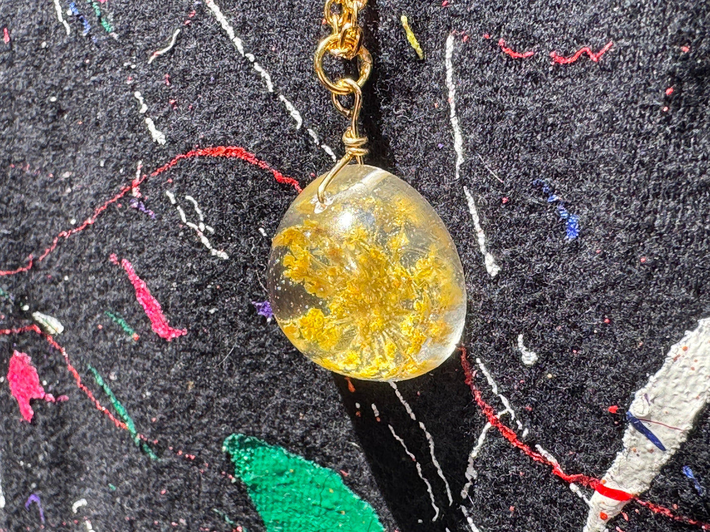 Dried Yellow Flower in Clear Half Sphere Pendant with Long Gold Chain