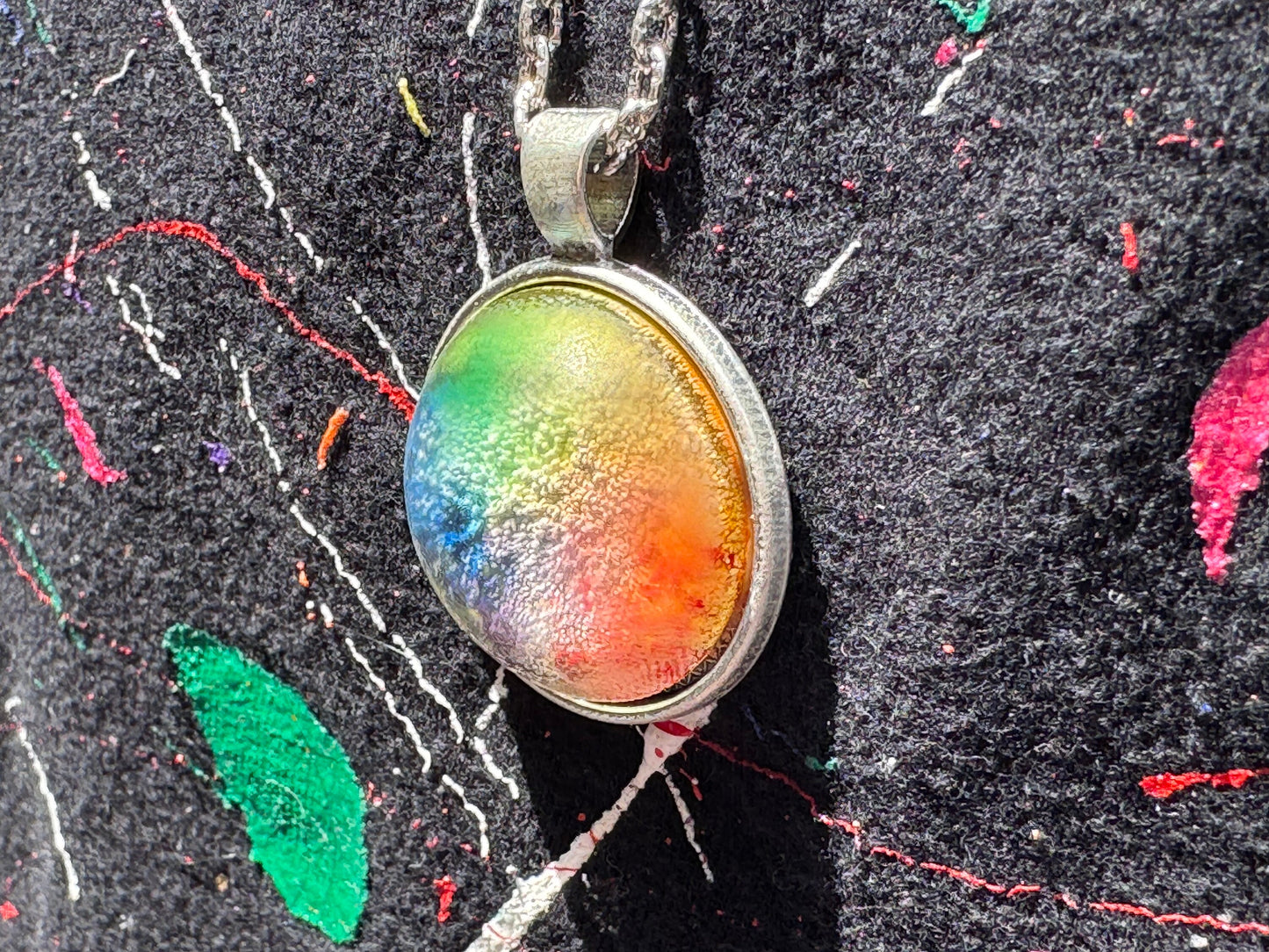 Rainbow Pride Petri Style Clear Half Sphere Pendant with Long Silver Chain and Bezel