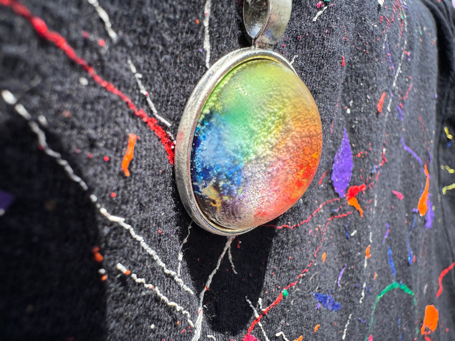 Rainbow Pride Petri Style Clear Half Sphere Pendant with Long Silver Chain and Bezel