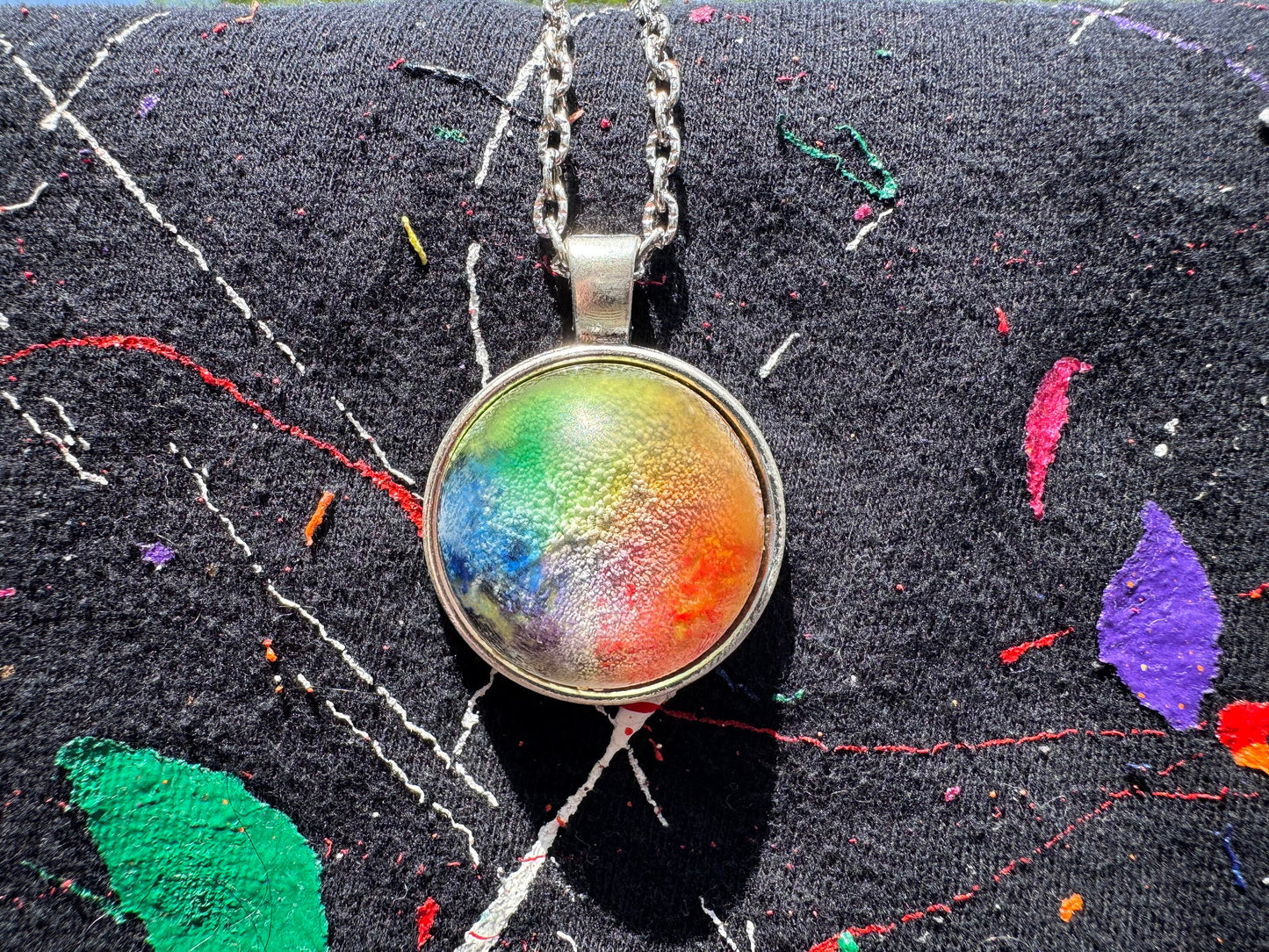 Rainbow Pride Petri Style Clear Half Sphere Pendant with Long Silver Chain and Bezel