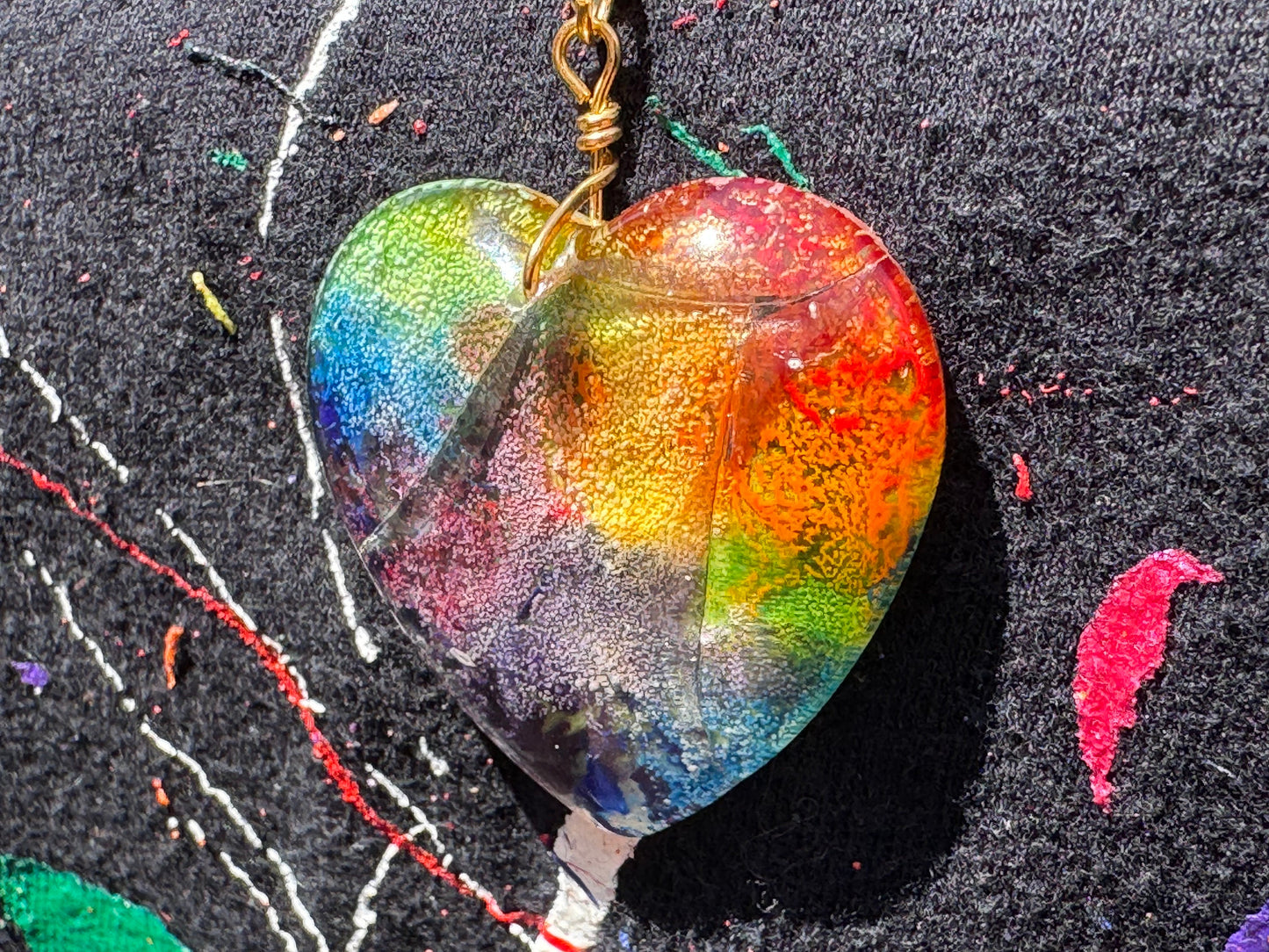 Cracked Rainbow Heart Petri in Clear Heart Epoxy Resin Long Gold Chain Pendant