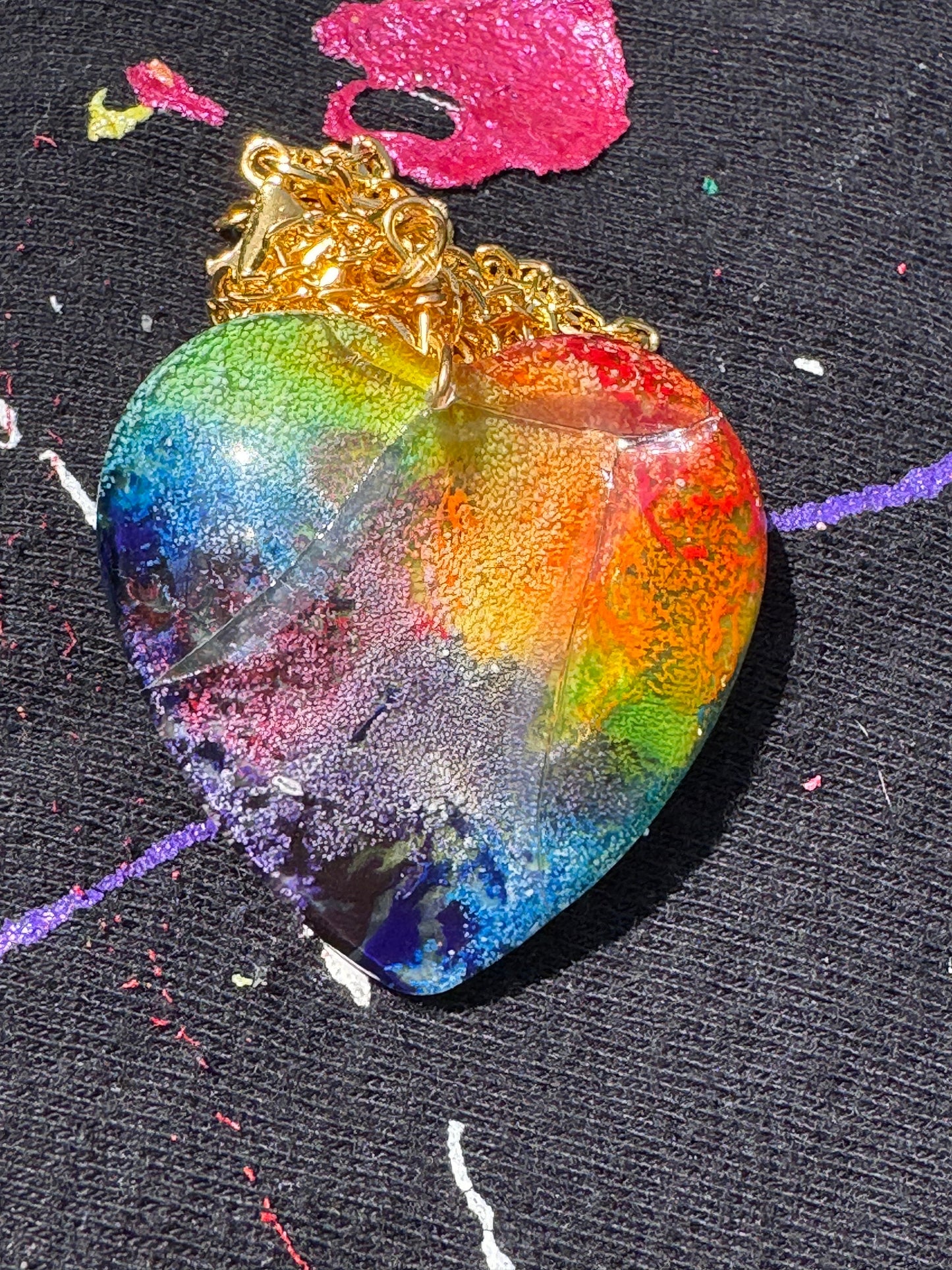 Cracked Rainbow Heart Petri in Clear Heart Epoxy Resin Long Gold Chain Pendant