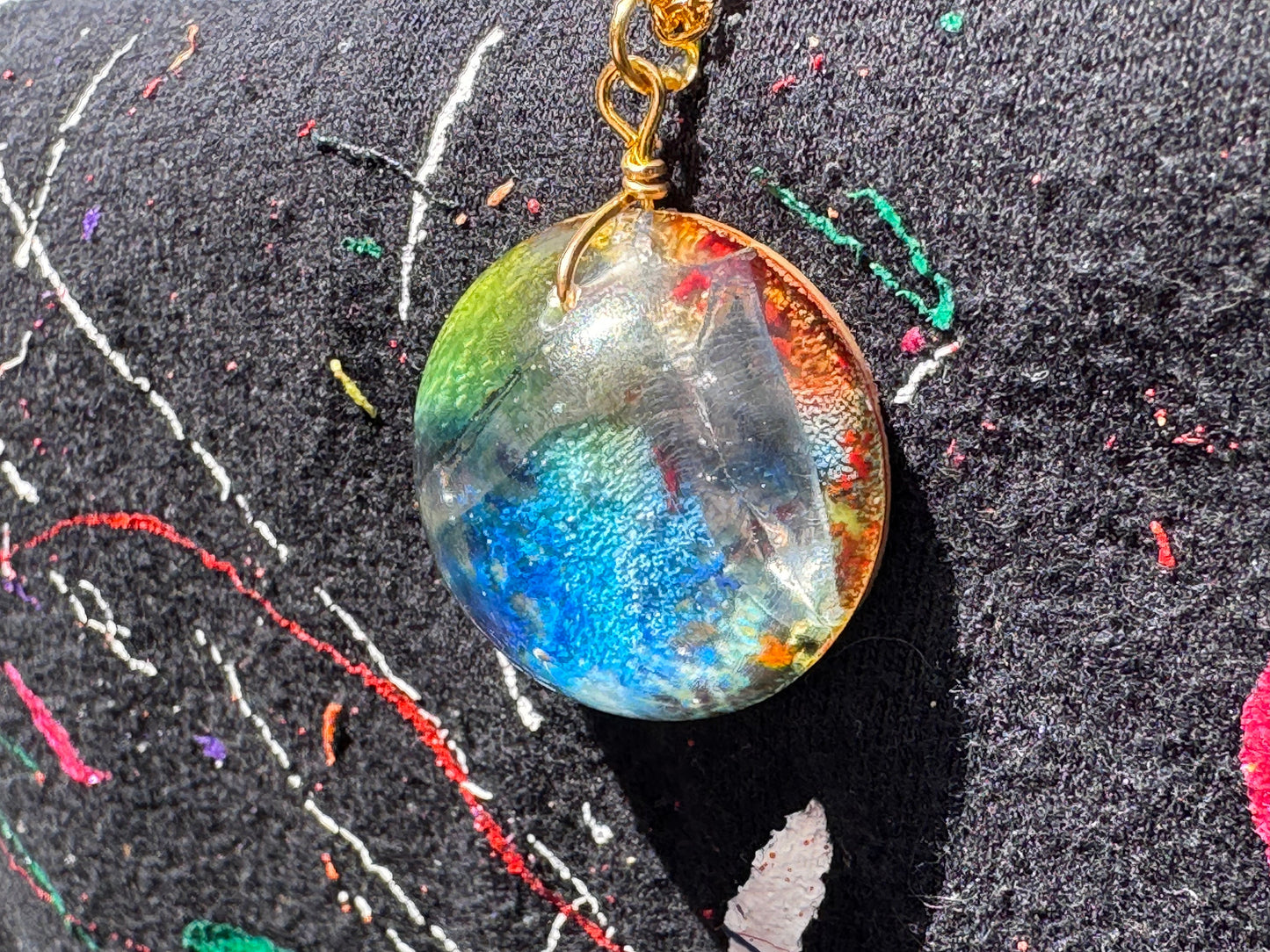 Cracked Rainbow Pride Petri Style Clear Half Sphere Pendant with Long Gold Chain