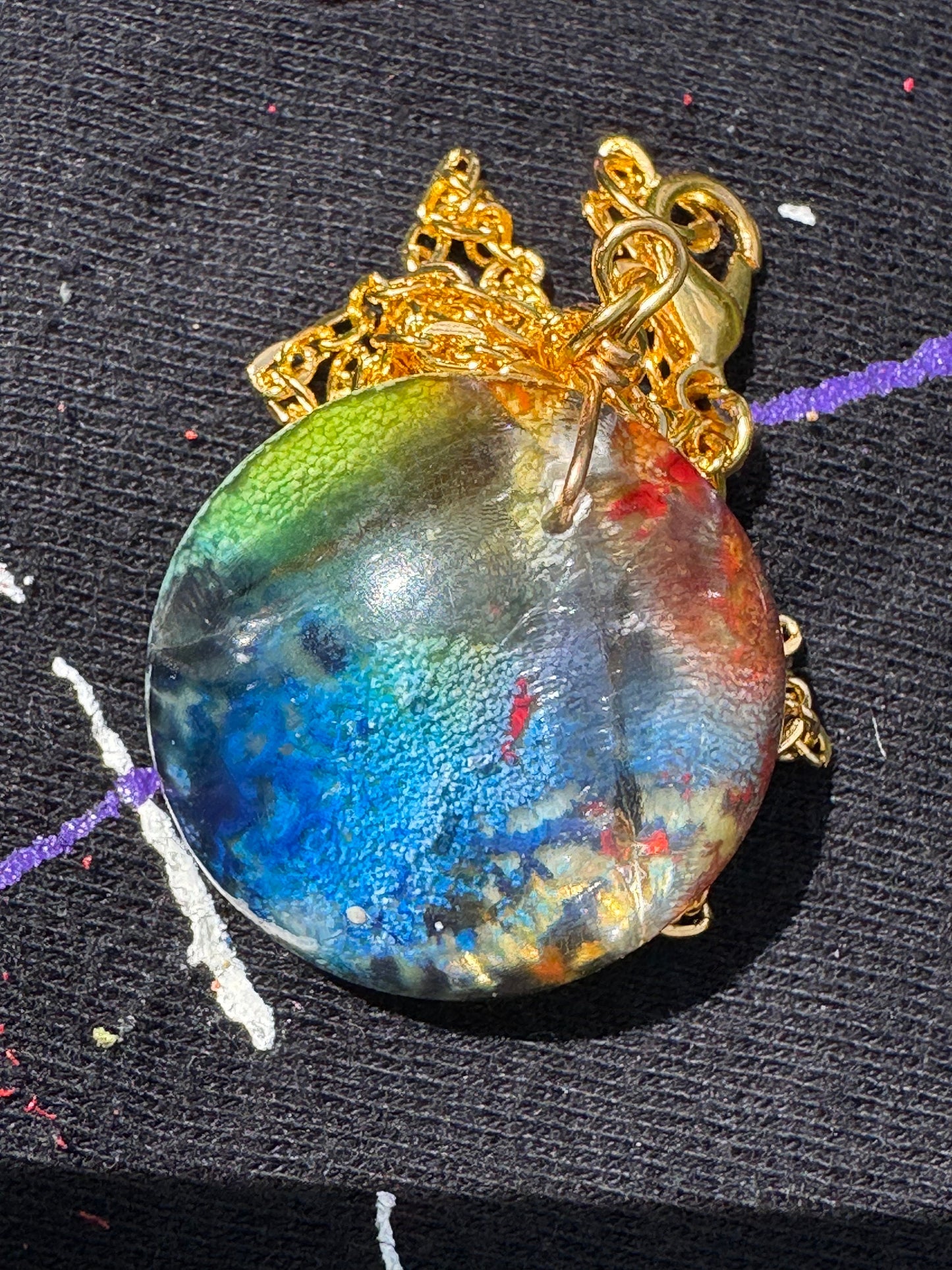 Cracked Rainbow Pride Petri Style Clear Half Sphere Pendant with Long Gold Chain