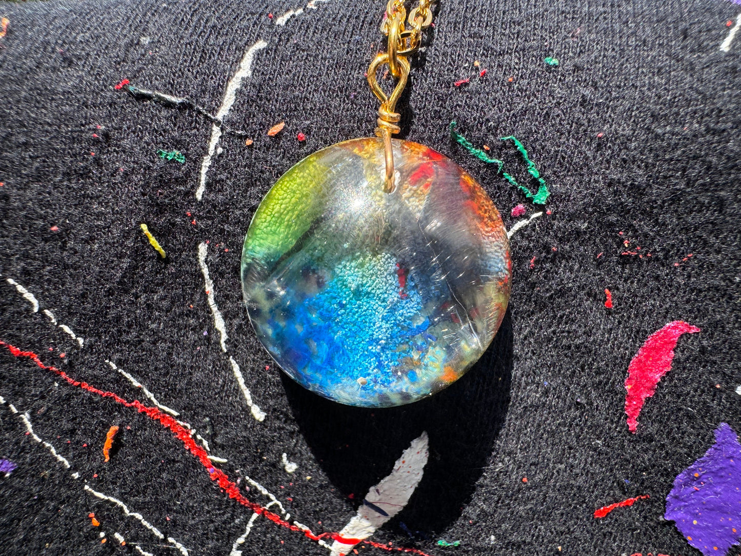 Cracked Rainbow Pride Petri Style Clear Half Sphere Pendant with Long Gold Chain