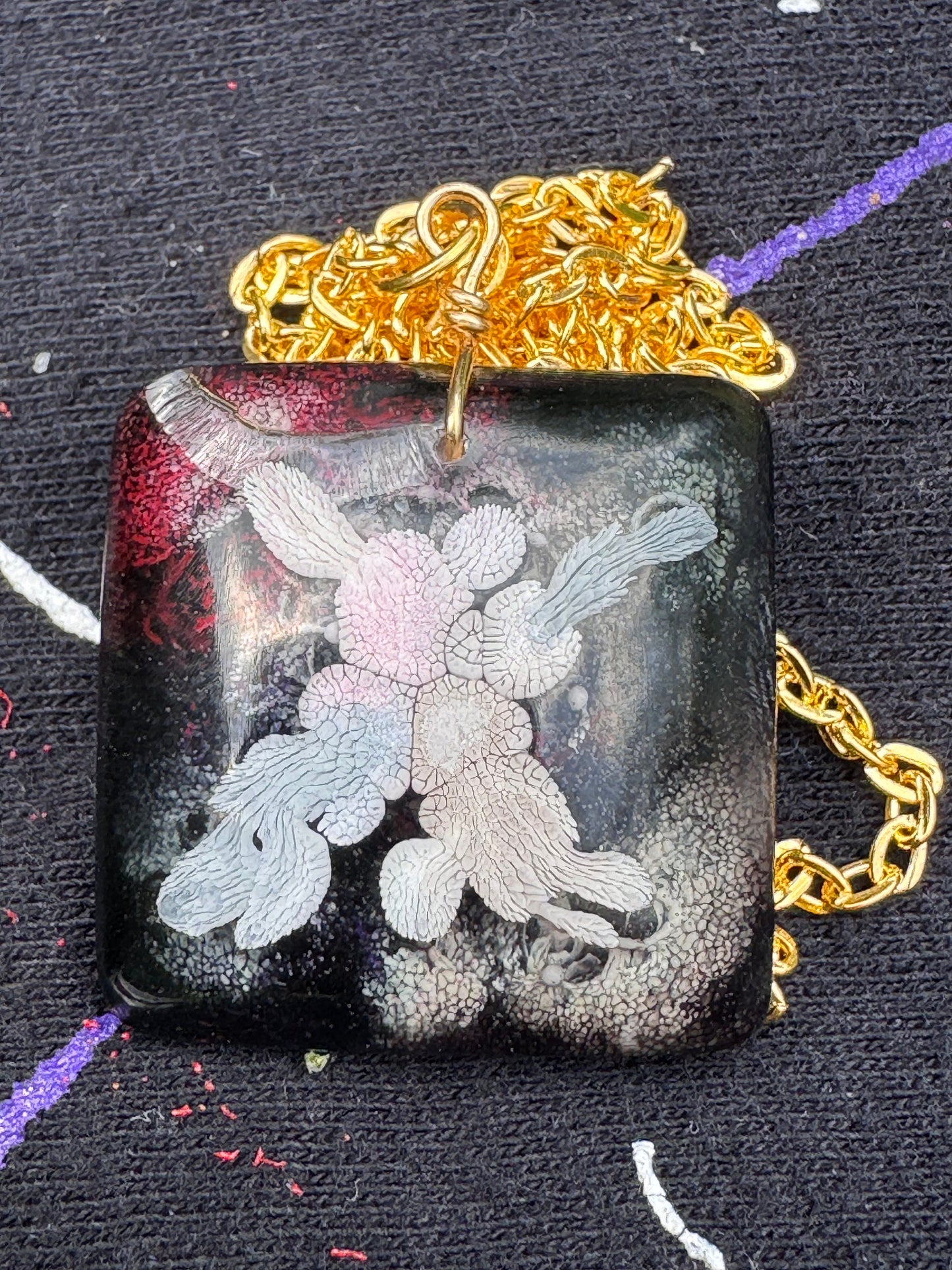 Red White and Black Petri Style Clear Resin Pendant with Long Gold Chain