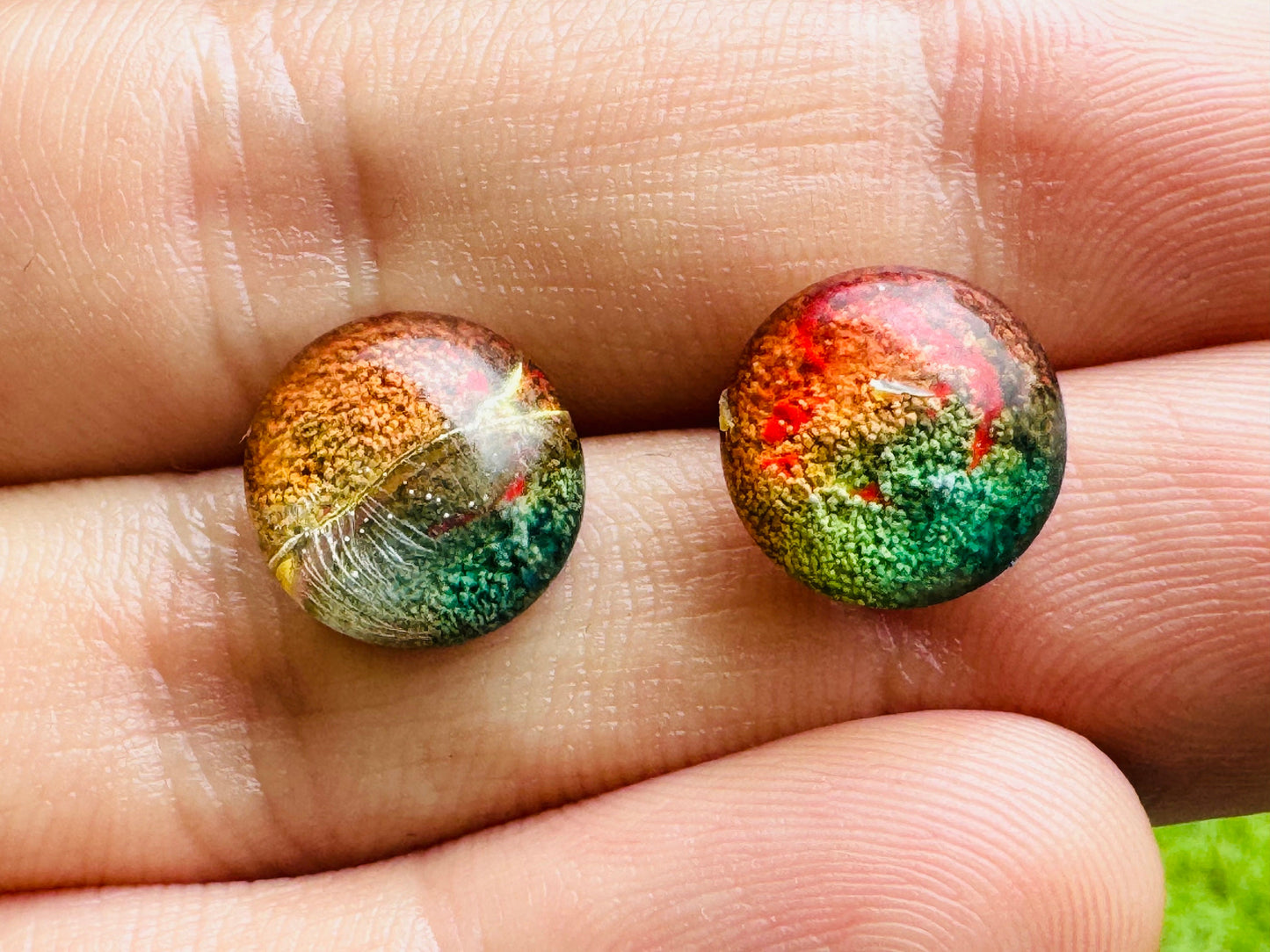 Small 1.2 cm Cracked Rainbow Pride Petri Style Half Sphere Stud Epoxy Resin Earrings with Gold Studs