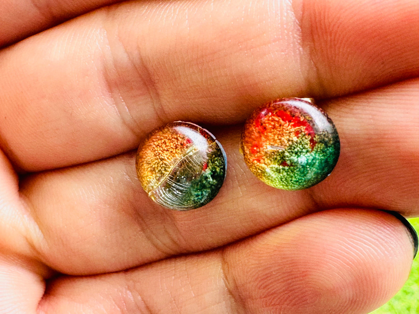 Small 1.2 cm Cracked Rainbow Pride Petri Style Half Sphere Stud Epoxy Resin Earrings with Gold Studs