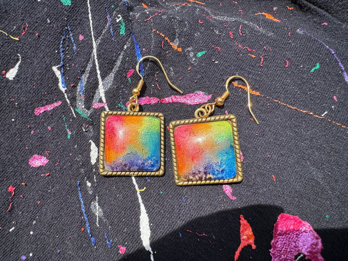 Rainbow Pride Square Petri Dish Epoxy Resin Earrings with Gold Hooks and Bezel