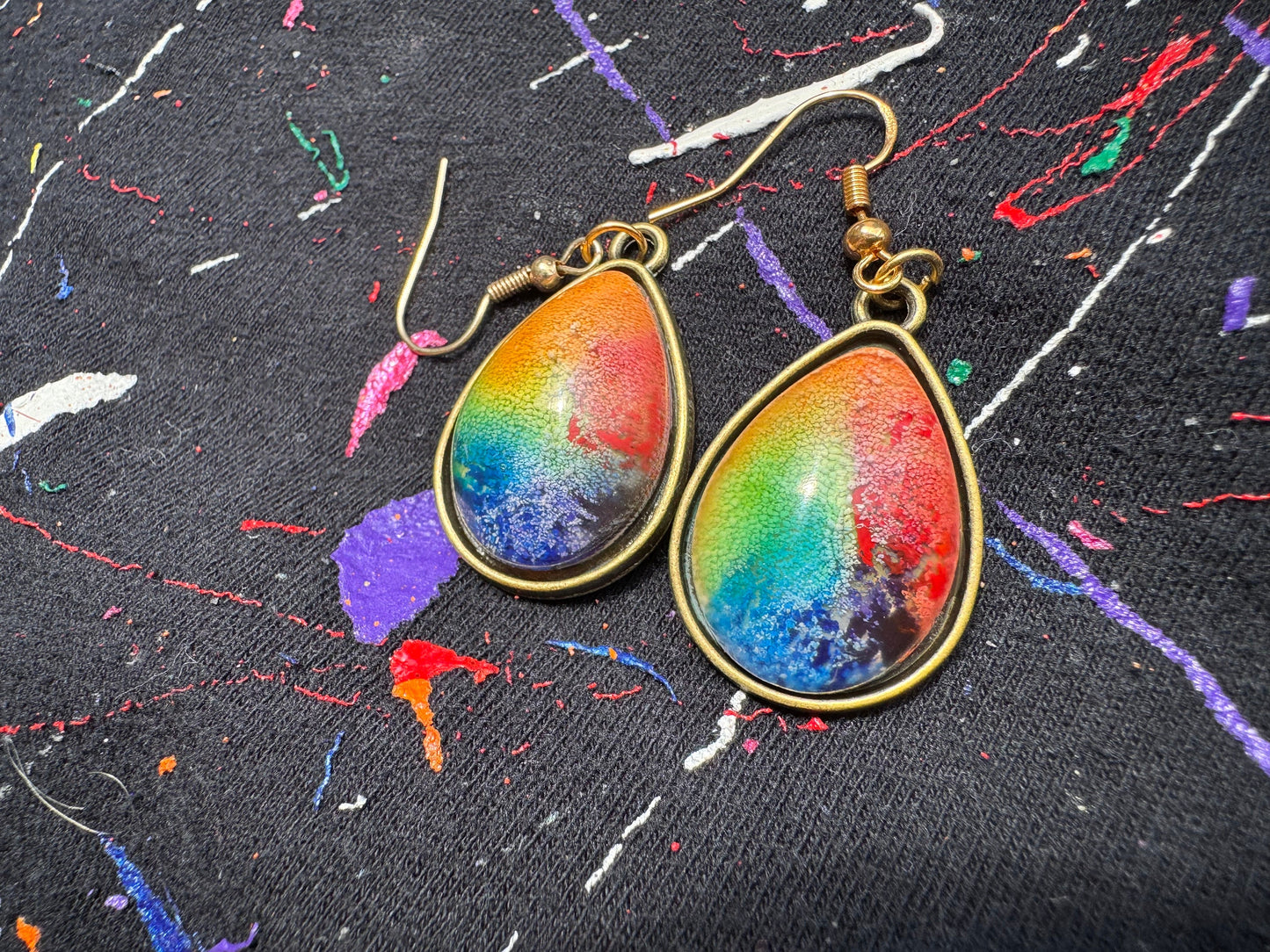 Rainbow Pride Petri Style Teardrop Stud Epoxy Resin Earrings with Gold Hooks