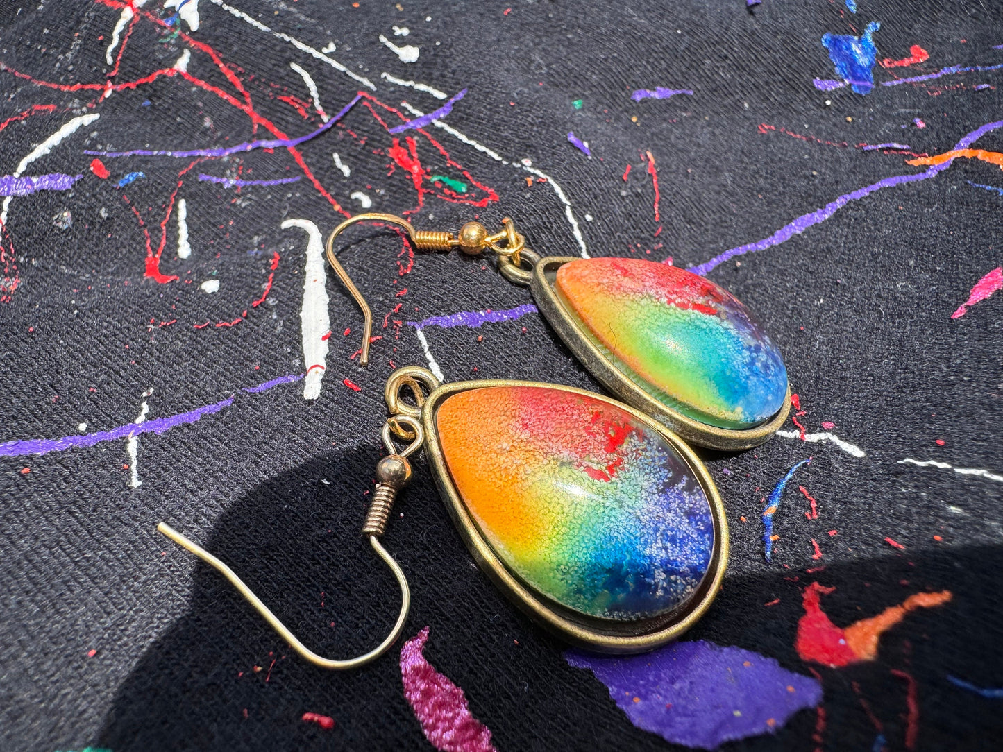 Rainbow Pride Petri Style Teardrop Stud Epoxy Resin Earrings with Gold Hooks