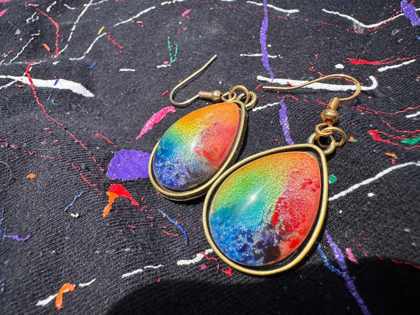 Rainbow Pride Petri Style Teardrop Stud Epoxy Resin Earrings with Gold Hooks