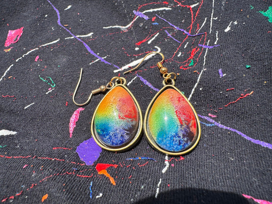 Rainbow Pride Petri Style Teardrop Stud Epoxy Resin Earrings with Gold Hooks