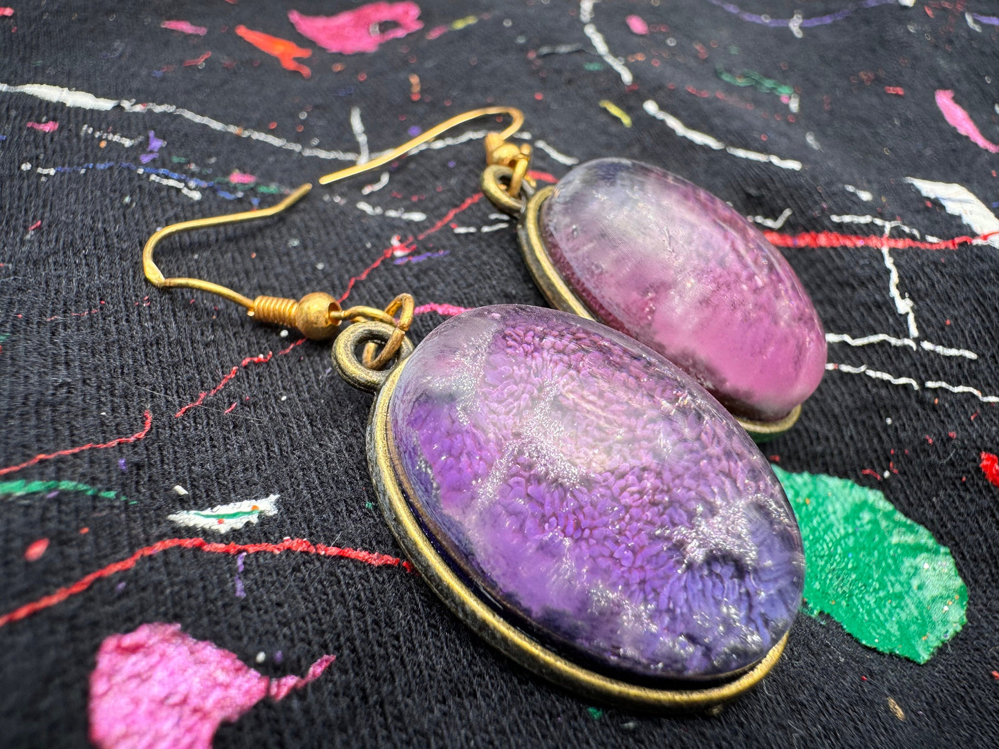 Pink and Purple Petri Cat Eye in Clear Half Oval Epoxy Resin with Gold Hooks and Bezel