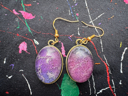 Pink and Purple Petri Cat Eye in Clear Half Oval Epoxy Resin with Gold Hooks and Bezel