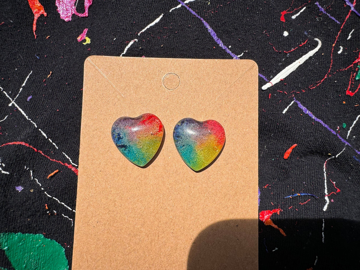 Rainbow Pride Medium 2.5 cm Petri Style Heart Epoxy Resin Earrings with Gold Studs