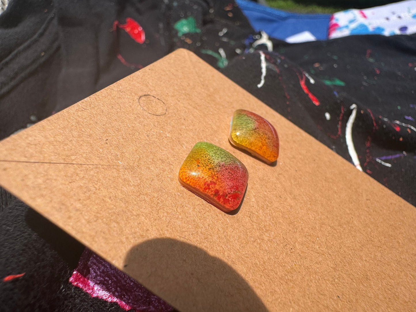 Rainbow Pride Rounded Square Petri Dish Epoxy Resin Earrings with Gold Studs