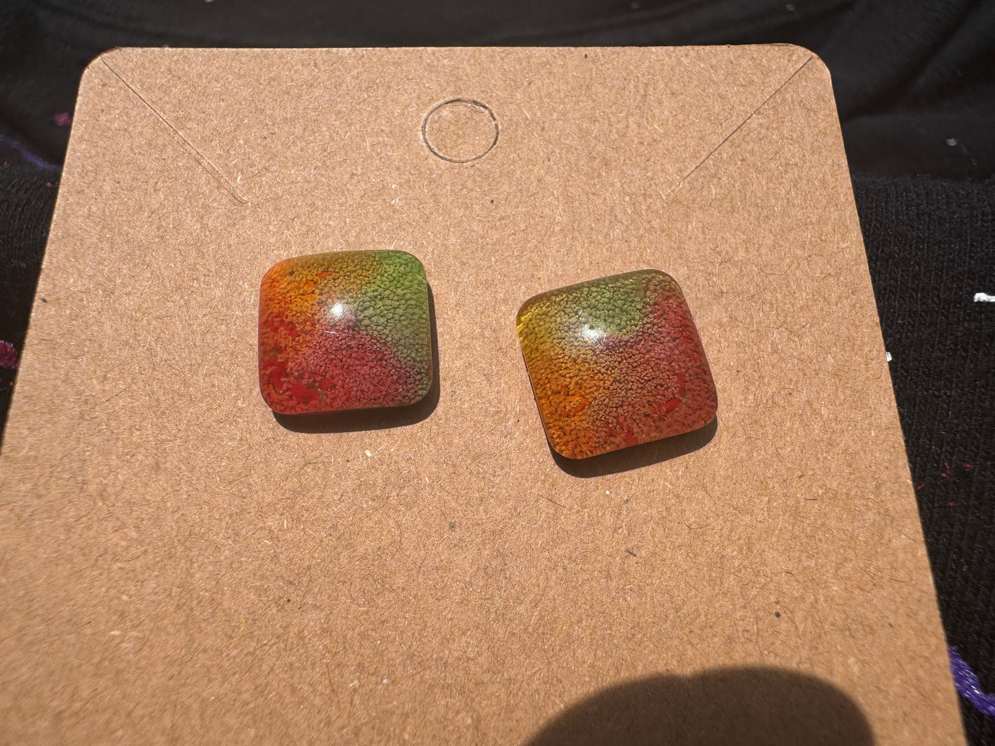 Rainbow Pride Rounded Square Petri Dish Epoxy Resin Earrings with Gold Studs