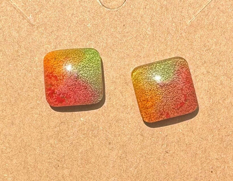 Rainbow Pride Rounded Square Petri Dish Epoxy Resin Earrings with Gold Studs