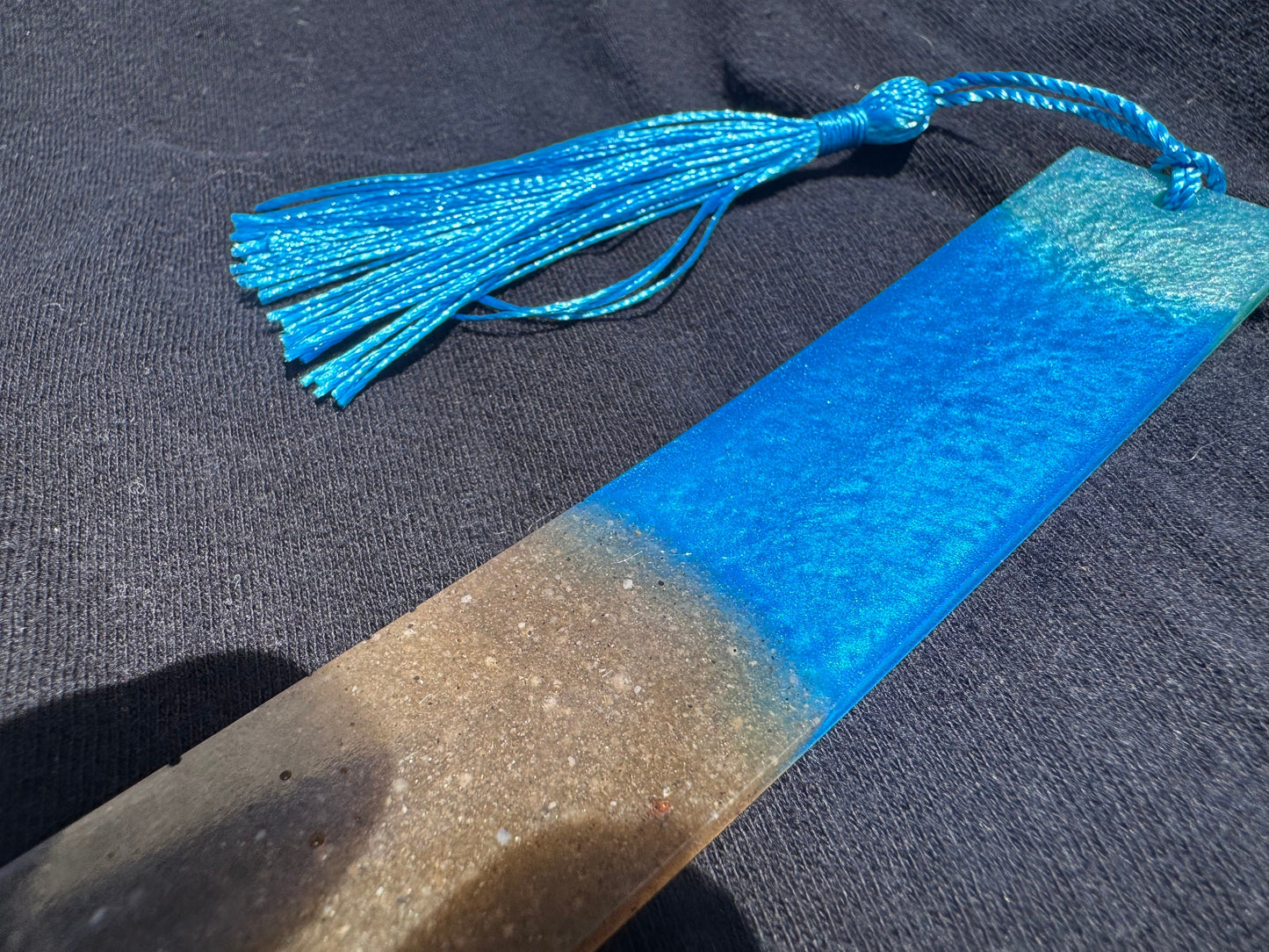 1.2 x 7.7 Ocean Real Sand Metallic Blue Teal Bookmark with Baby Blue Tassel