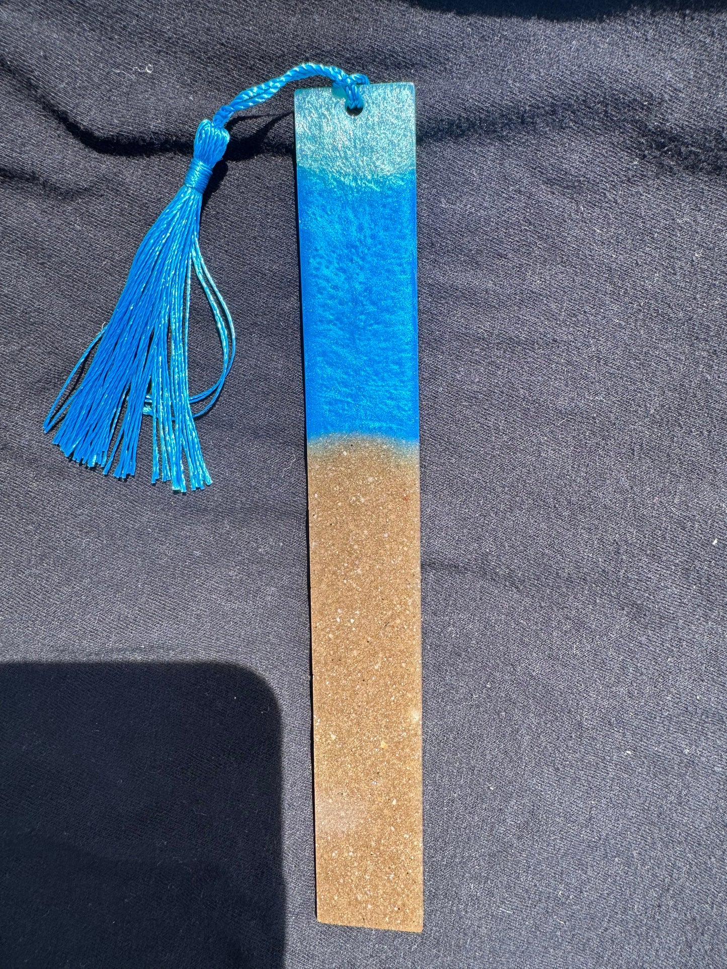 1.2 x 7.7 Ocean Real Sand Metallic Blue Teal Bookmark with Baby Blue Tassel