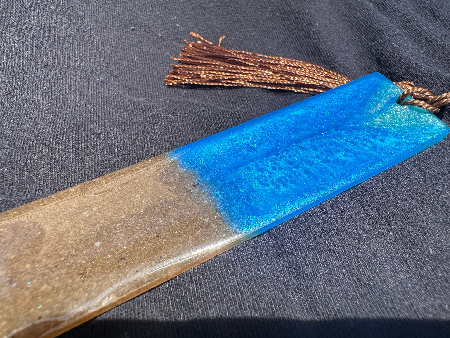 1.2 x 5.8 Ocean Real Sand Metallic Blue Teal Bookmark with Brown Tassel