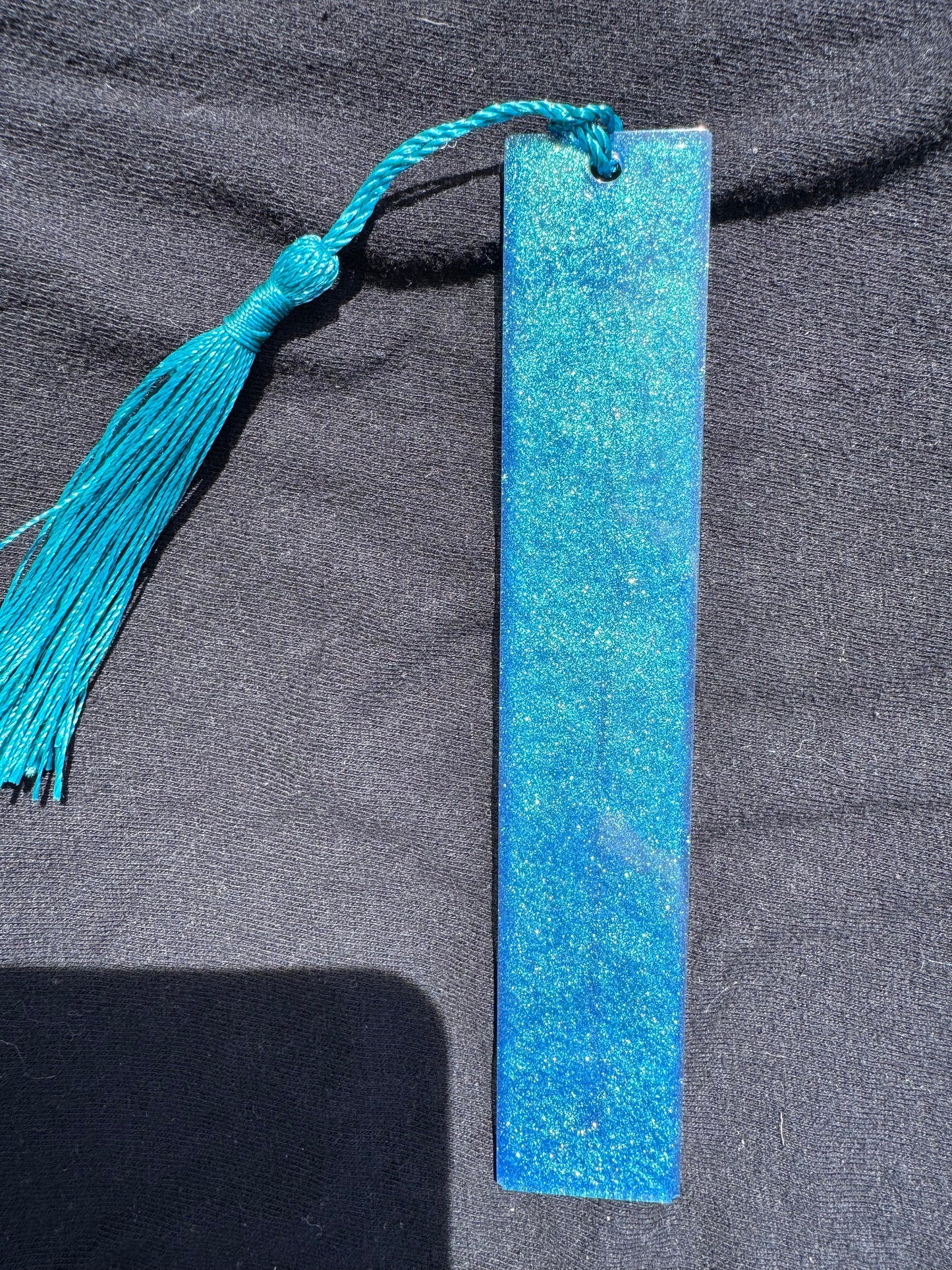 1.2 x 5.8 Color Shifting Blue to Teal Shimmering Chameleon Pigment Bookmark with Teal Tassel