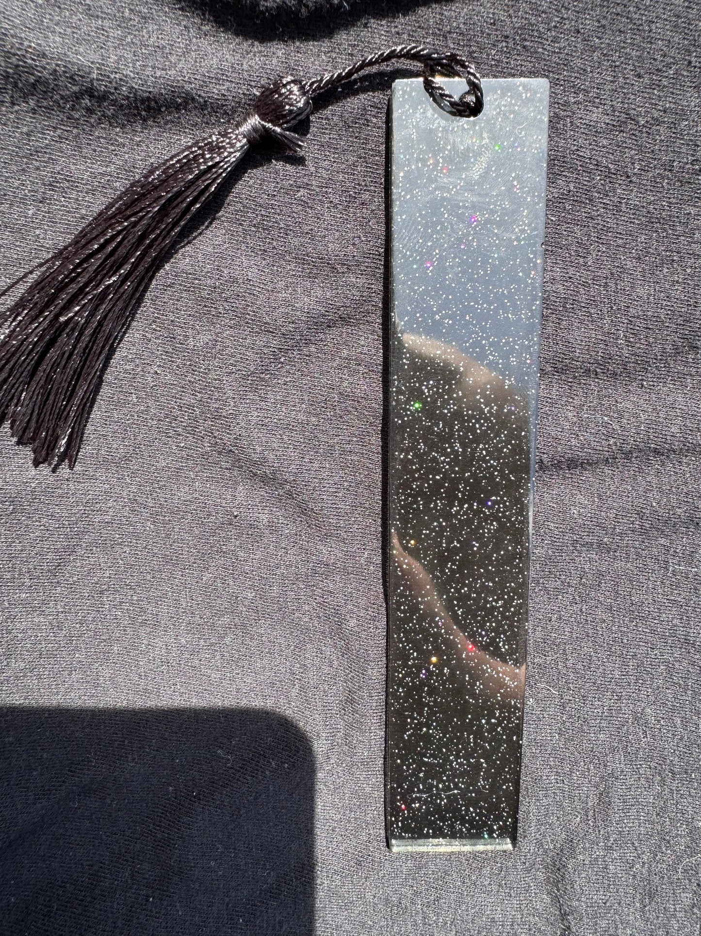 1.2 x 5.8 Translucent Black with Rainbow Holographic Glitter Bookmark with Black Tassel