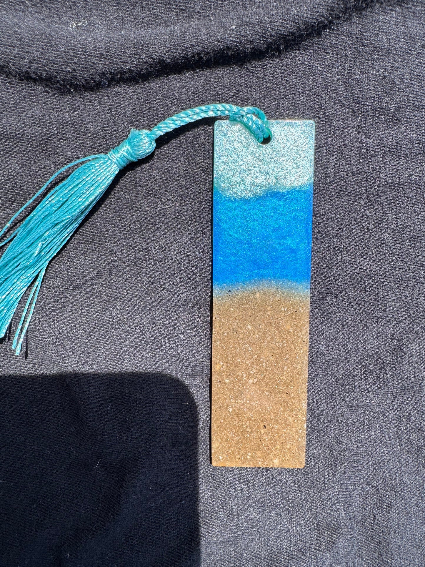 1.2 x 3.8 Ocean Real Sand Metallic Blue Teal Bookmark with Cyan Tassel