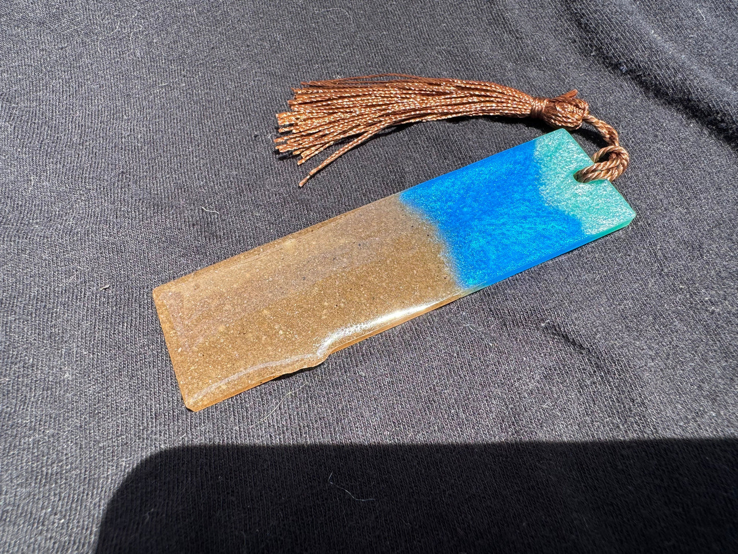 1.2 x 3.8 Ocean Real Sand Metallic Blue Teal Bookmark with Brown Tassel