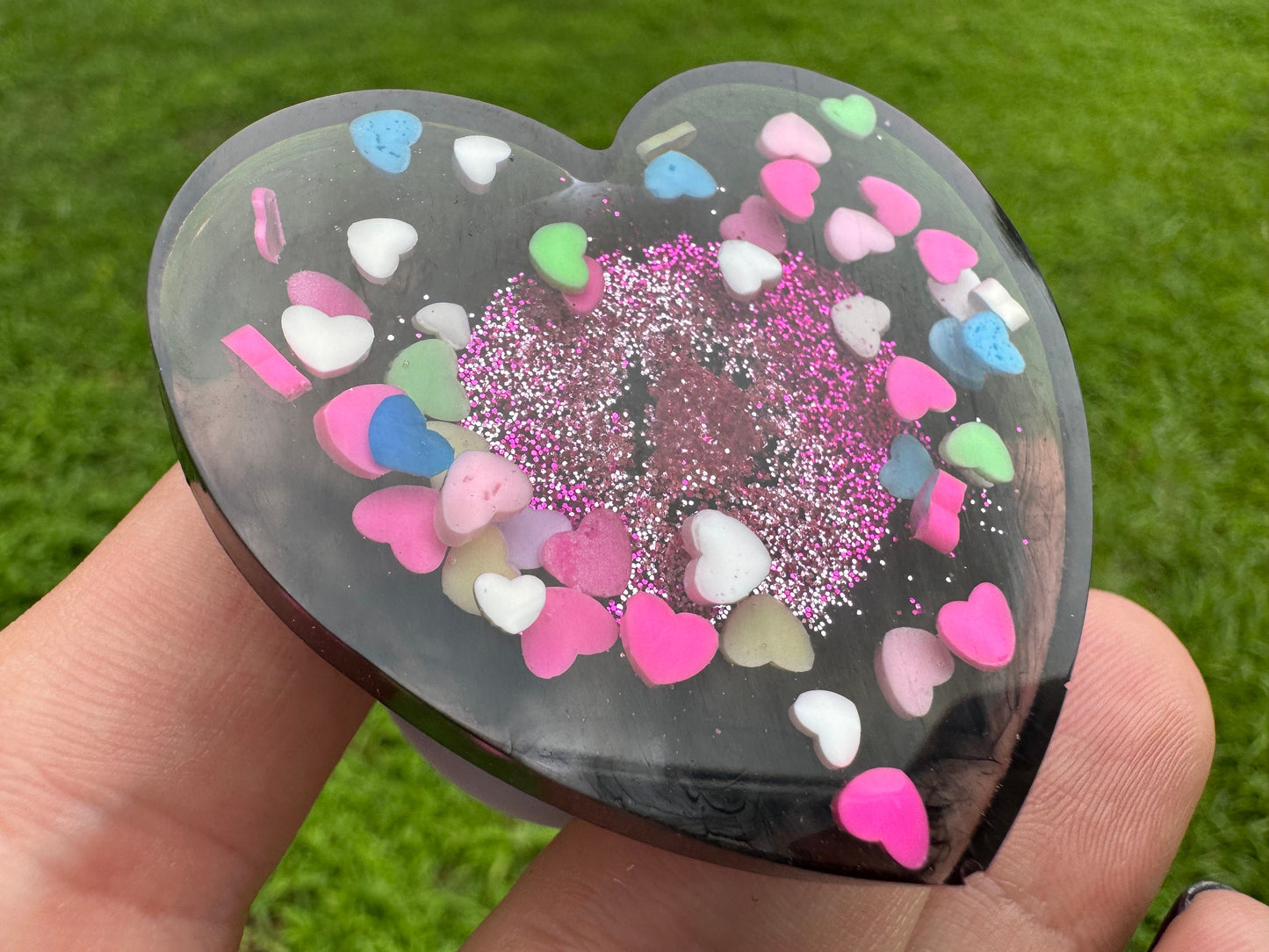 Rainbow Clay Hearts with Pink and White Glitter Heart Epoxy Resin Pop Socket