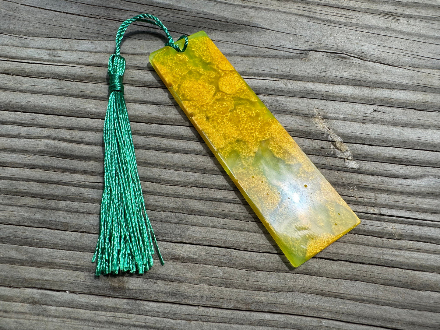 1.2 x 3.8 Metallic Yellow and Green Flexible Bookmark with Green Tassel