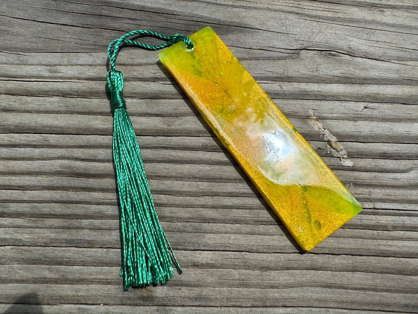 1.2 x 3.8 Metallic Yellow and Green Flexible Bookmark with Green Tassel