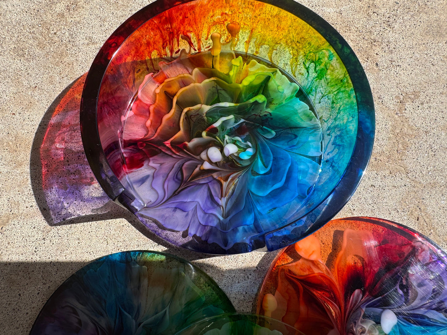 Round Rainbow Pride Blooming Flower Petri Drink Coasters Set with Base Handmade Epoxy Resin