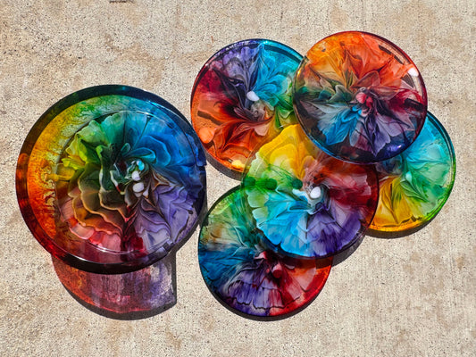 Round Rainbow Pride Blooming Flower Petri Drink Coasters Set with Base Handmade Epoxy Resin