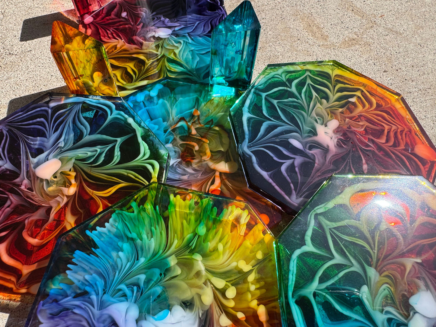 Hexagonal Rainbow Pride Blooming Flower Petri Drink Coasters Set with Base Handmade Epoxy Resin