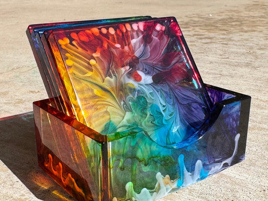 Square Rainbow Pride Blooming Flower Petri Drink Coasters Set with Base Handmade Epoxy Resin