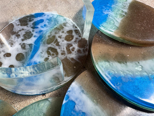 Round Ocean Beach Real Sand Metallic Drink Coasters Set Handmade Epoxy Resin