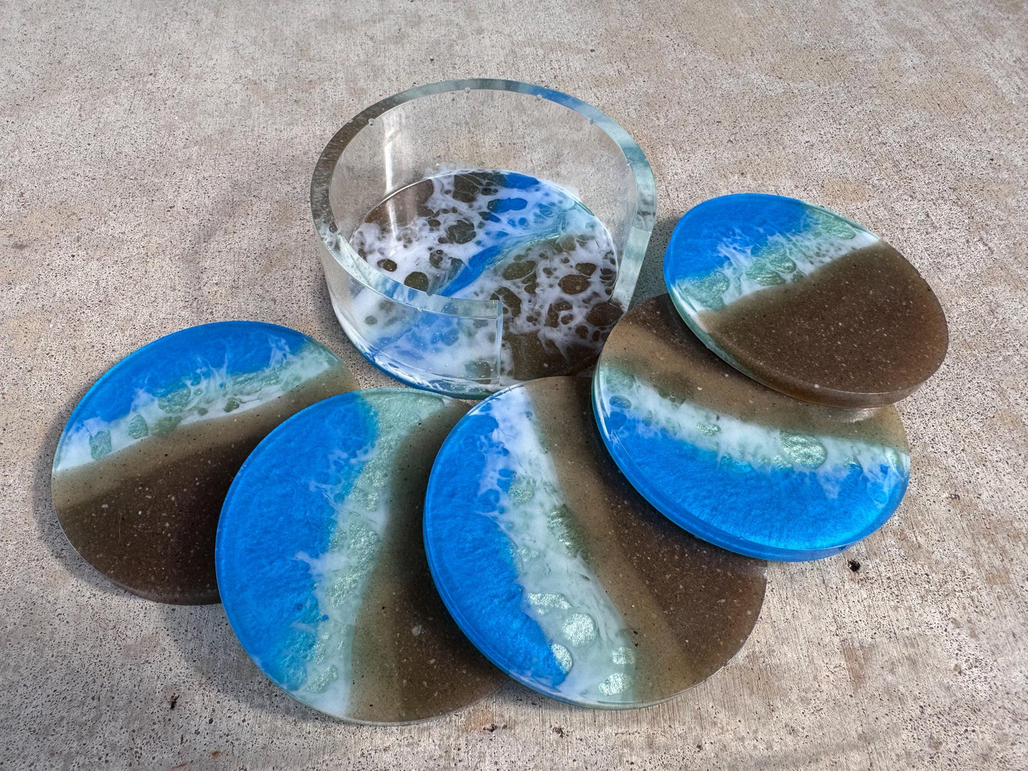 Round Ocean Beach Real Sand Metallic Drink Coasters Set Handmade Epoxy Resin