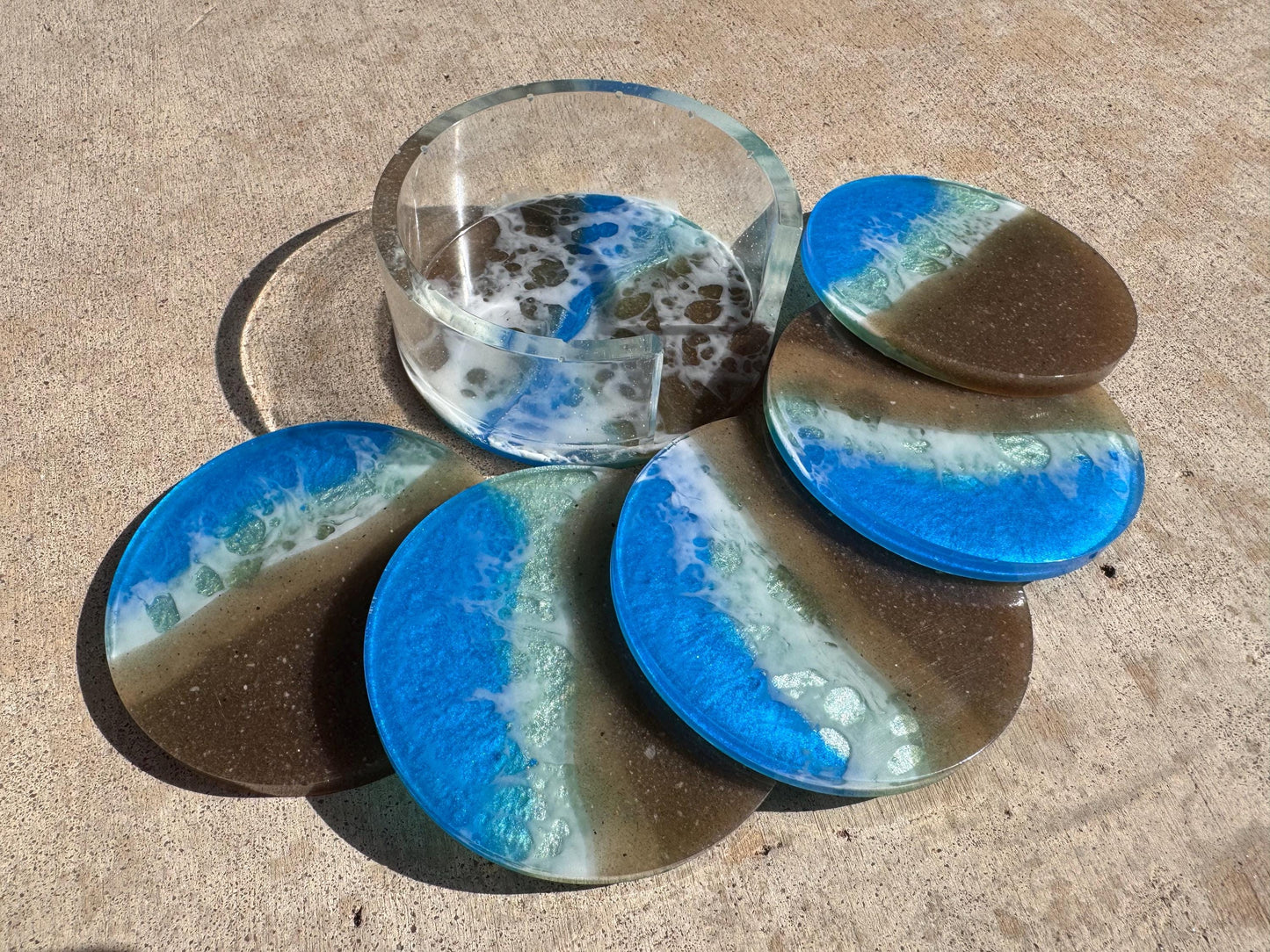 Round Ocean Beach Real Sand Metallic Drink Coasters Set Handmade Epoxy Resin