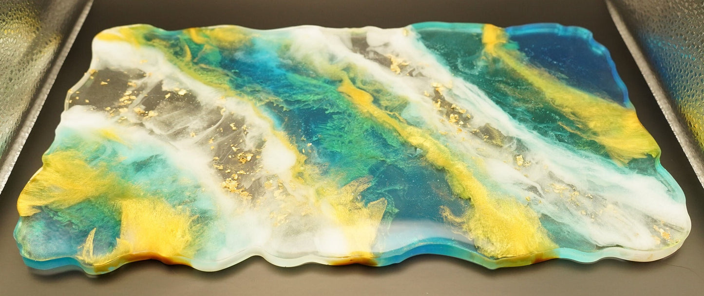 Handleless Tray Ocean Waves Beach Gold Leaf Metallic Gold Blue Teal Green White Clear Marble Epoxy Resin